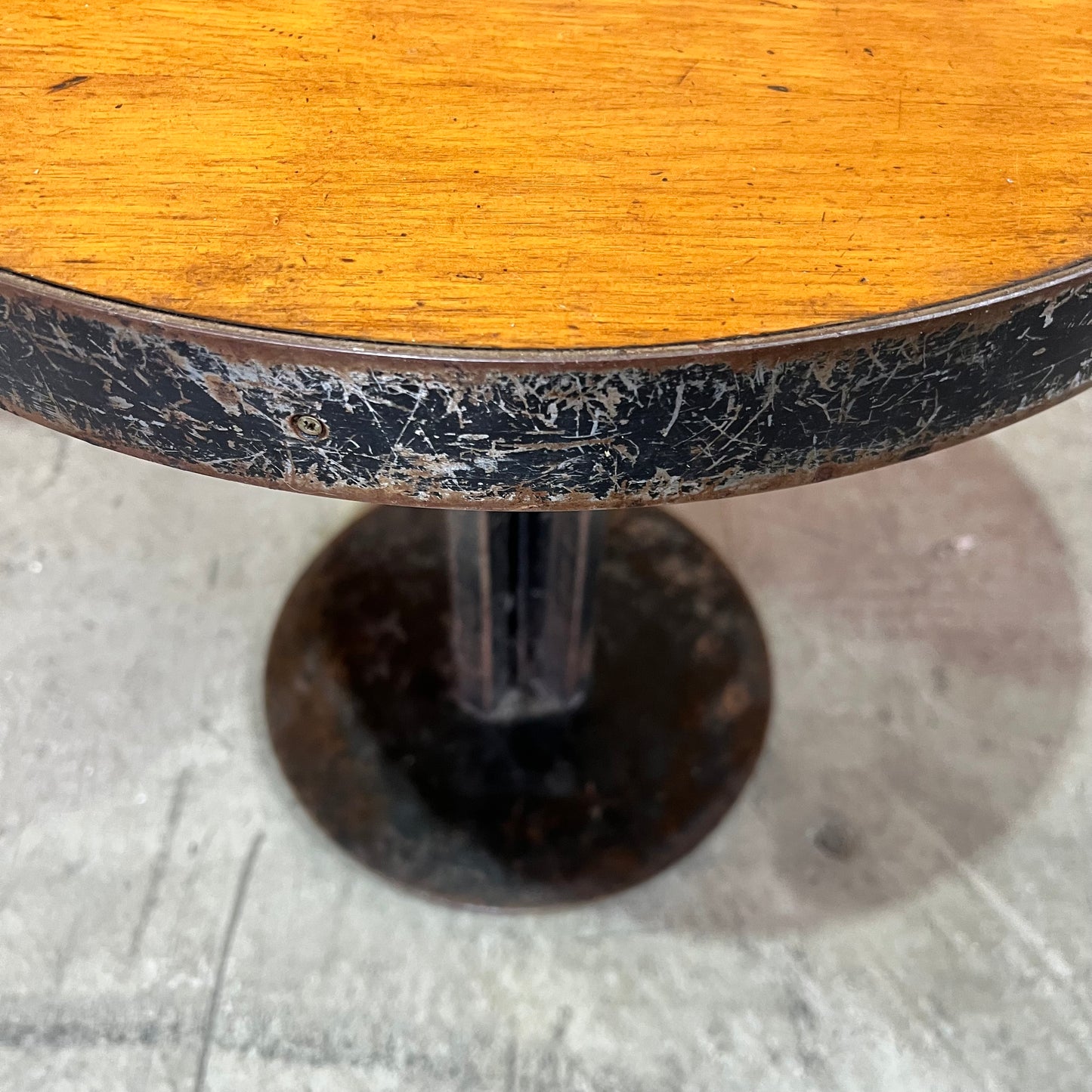 Small Industrial Round Hardwood Table with Metal Trim
