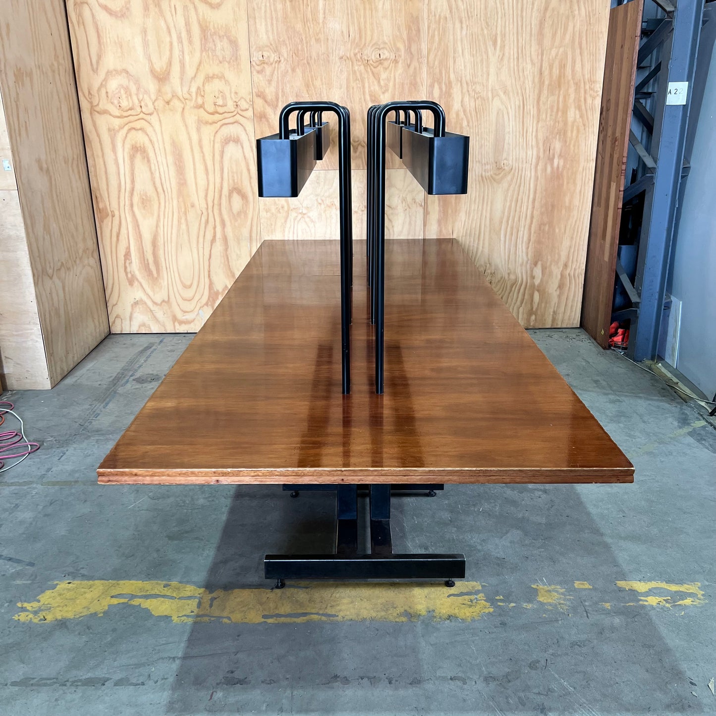 Custom Timber and Steel Boardroom Table with Integrated Overhead Lighting