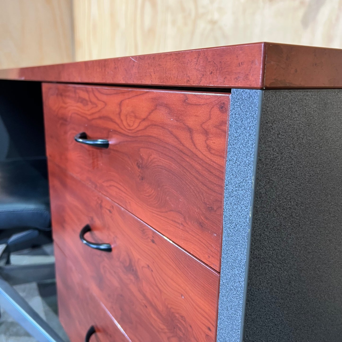 Desk with integrated Pedestal in Cherry Wood Laminate