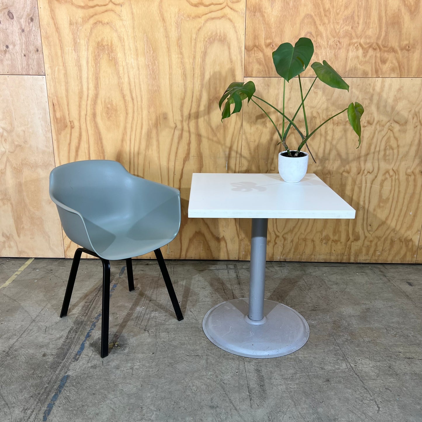 White Square Cafe Table with Round Metal Base