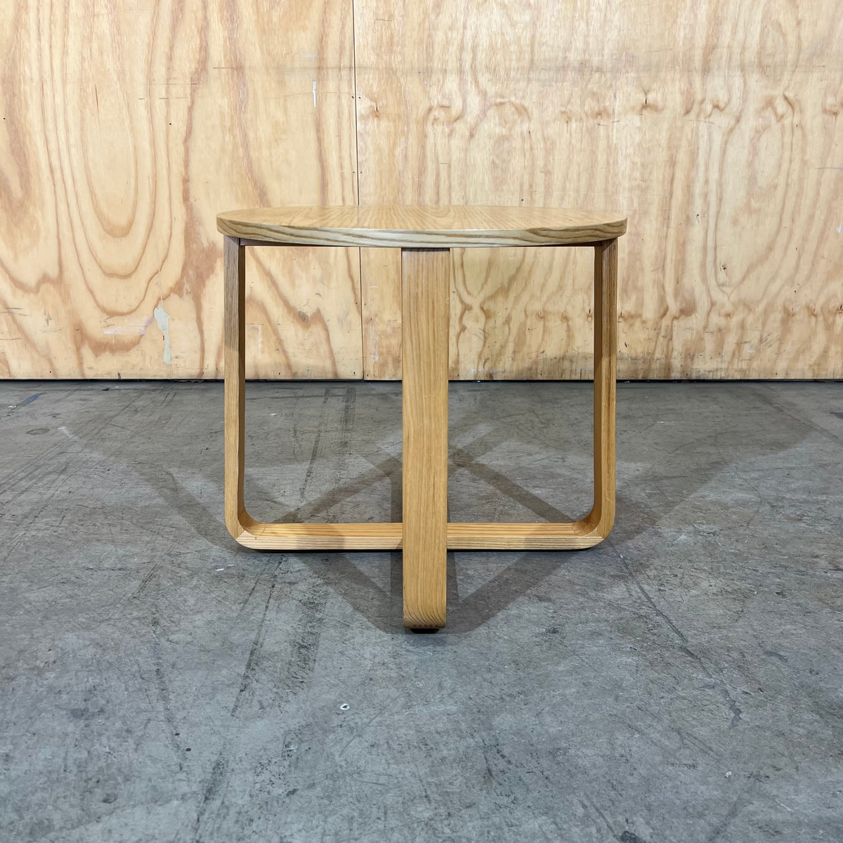 Round Plywood Side Table with a Geometric Base