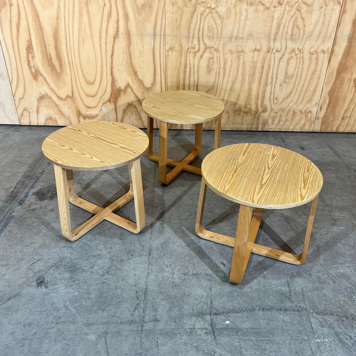 Round Plywood Side Table with a Geometric Base