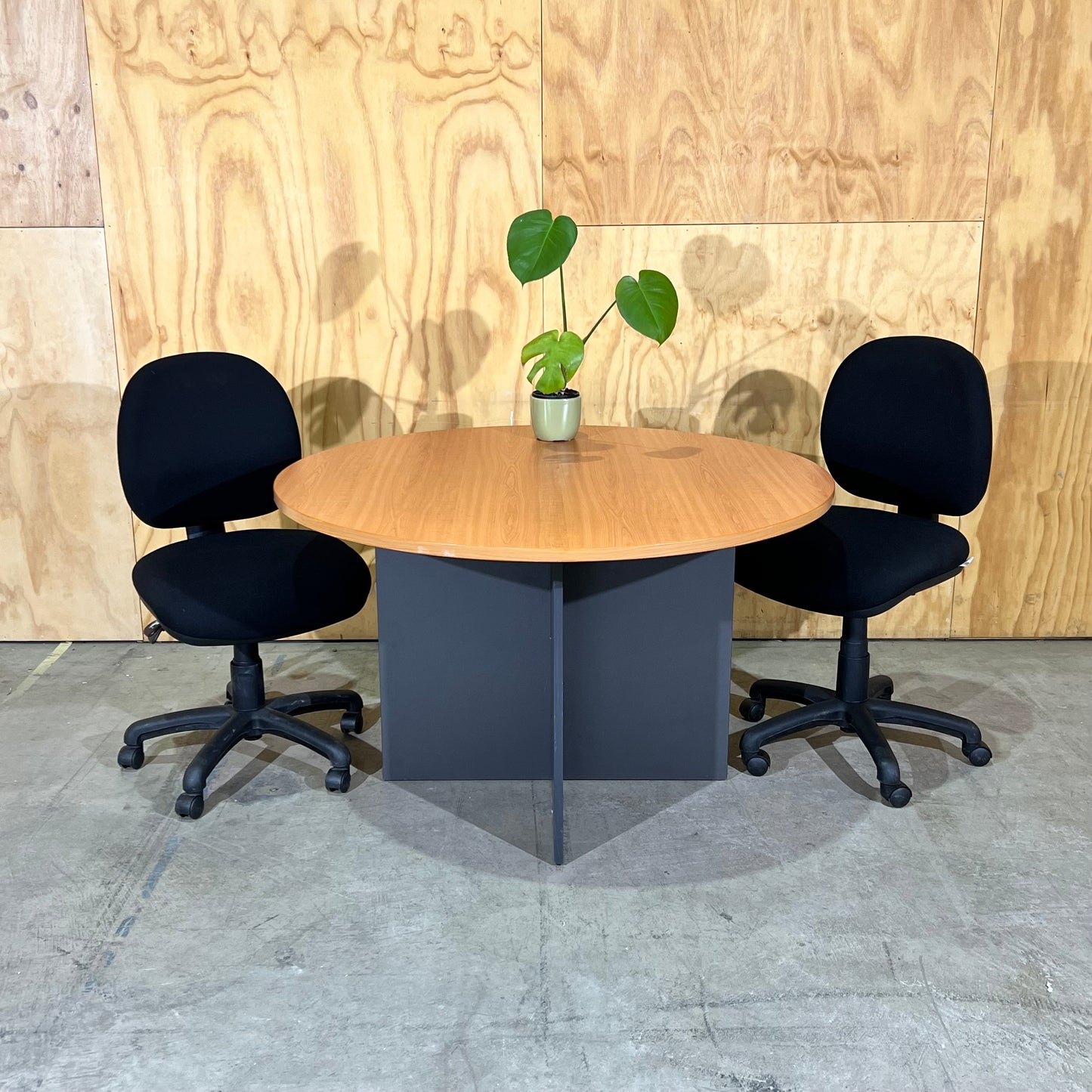 Round Timber Laminate Table with Slate Base