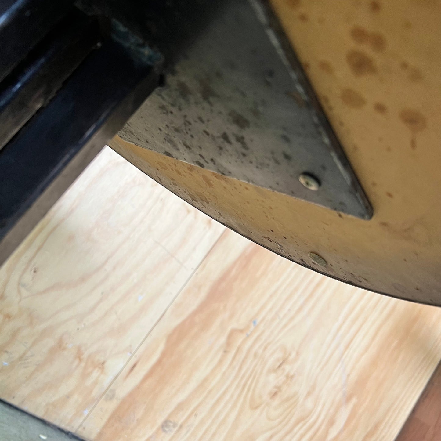 Small Industrial Round Hardwood Table with Metal Trim