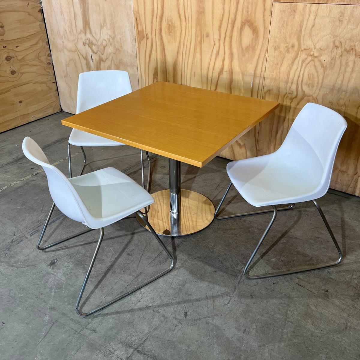 Square Timber Finish Cafe Table with Chrome Base