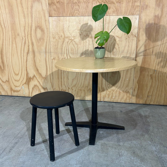 Round Timber Laminate Table with Black Metal Base