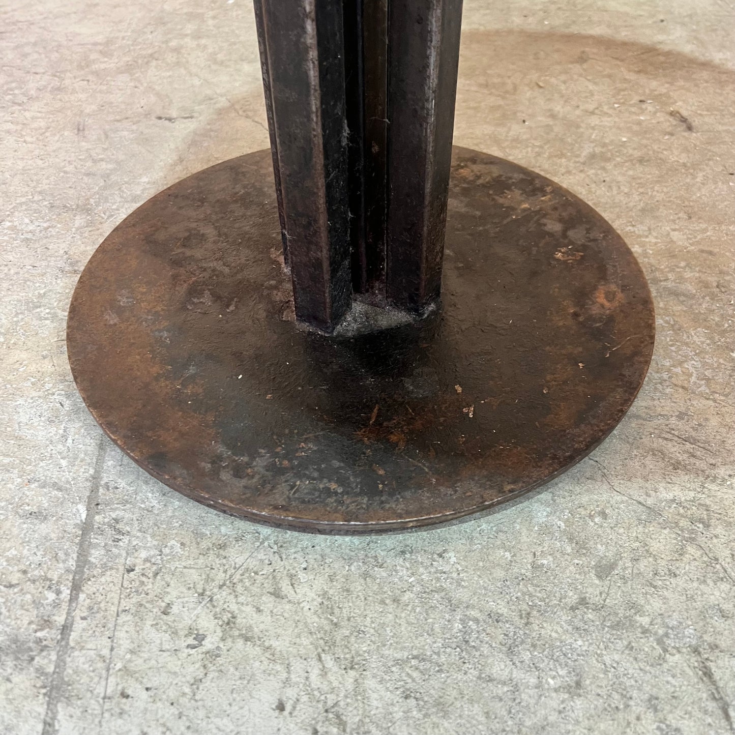 Small Industrial Round Hardwood Table with Metal Trim