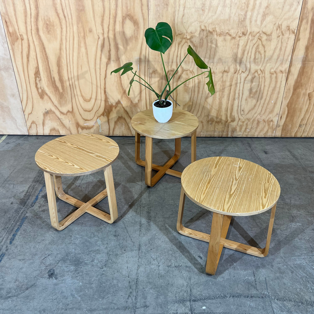Round Plywood Side Table with a Geometric Base