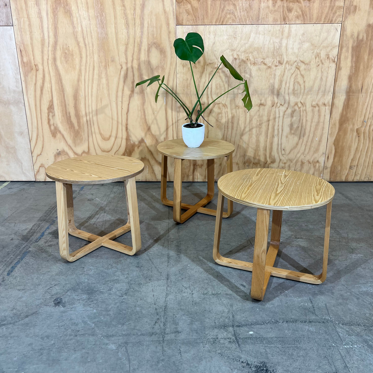 Round Plywood Side Table with a Geometric Base