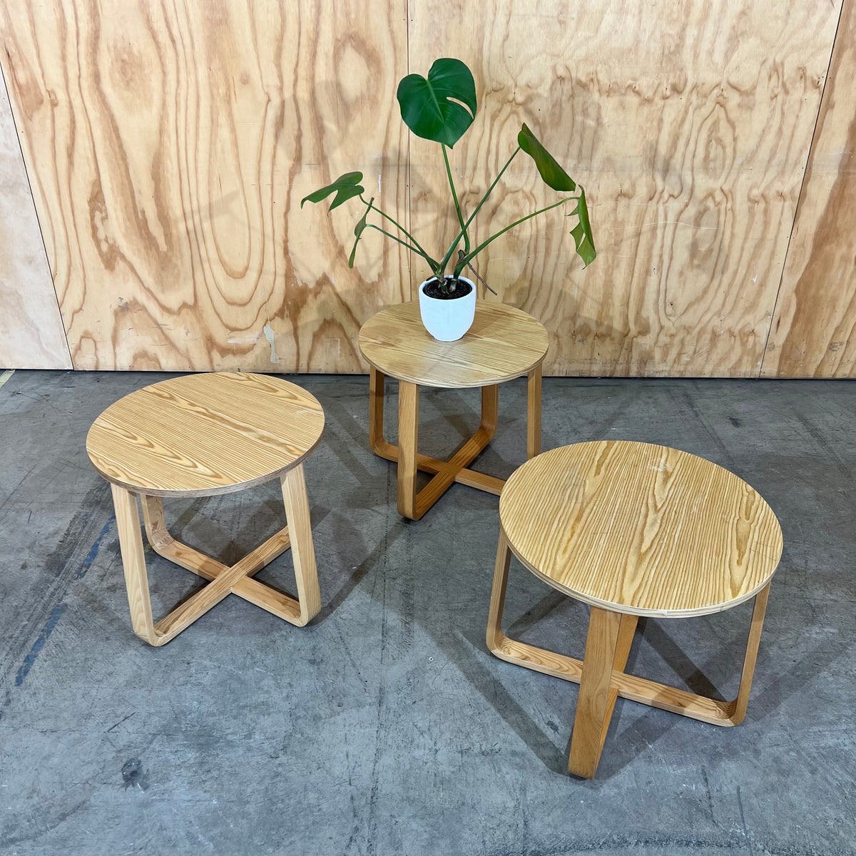 Round Plywood Side Table with a Geometric Base