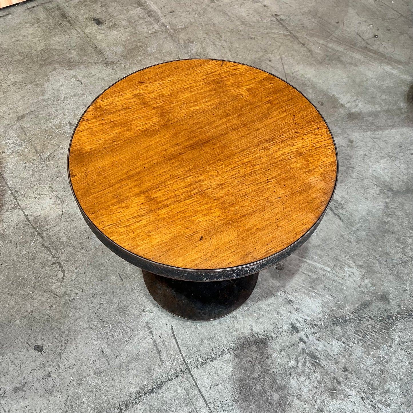 Small Industrial Round Hardwood Table with Metal Trim