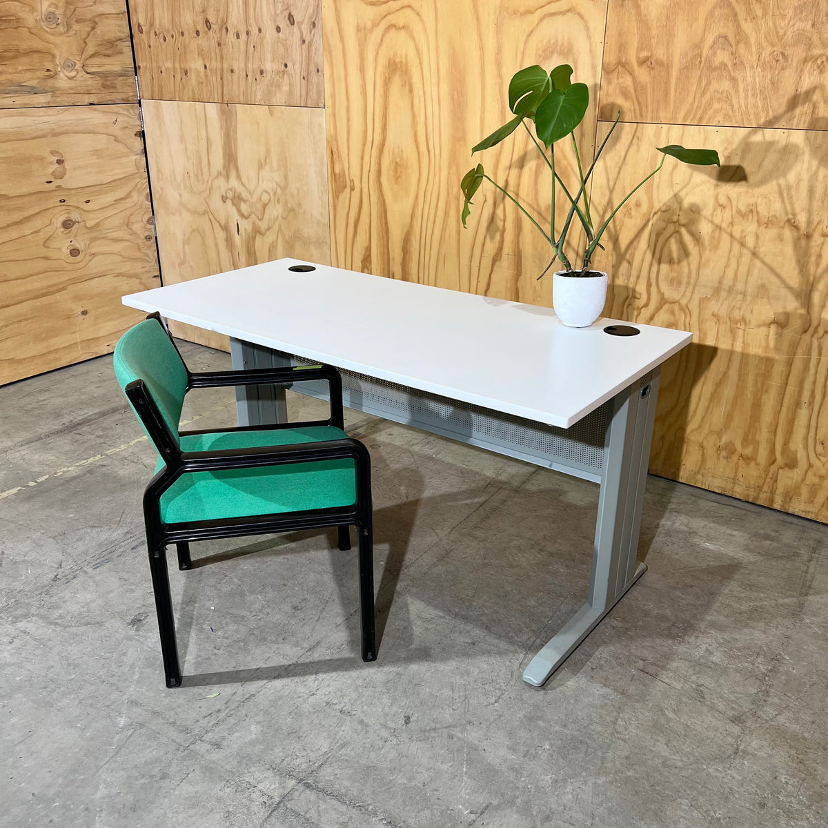 White Desk with Grey Base and Modesty Screen
