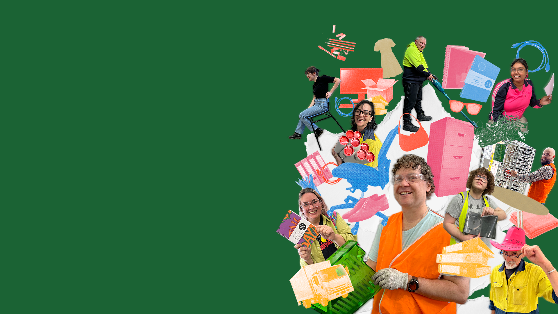 graphic of Green Collect team surrounded by secondhand office furniture procured from office clear out services.