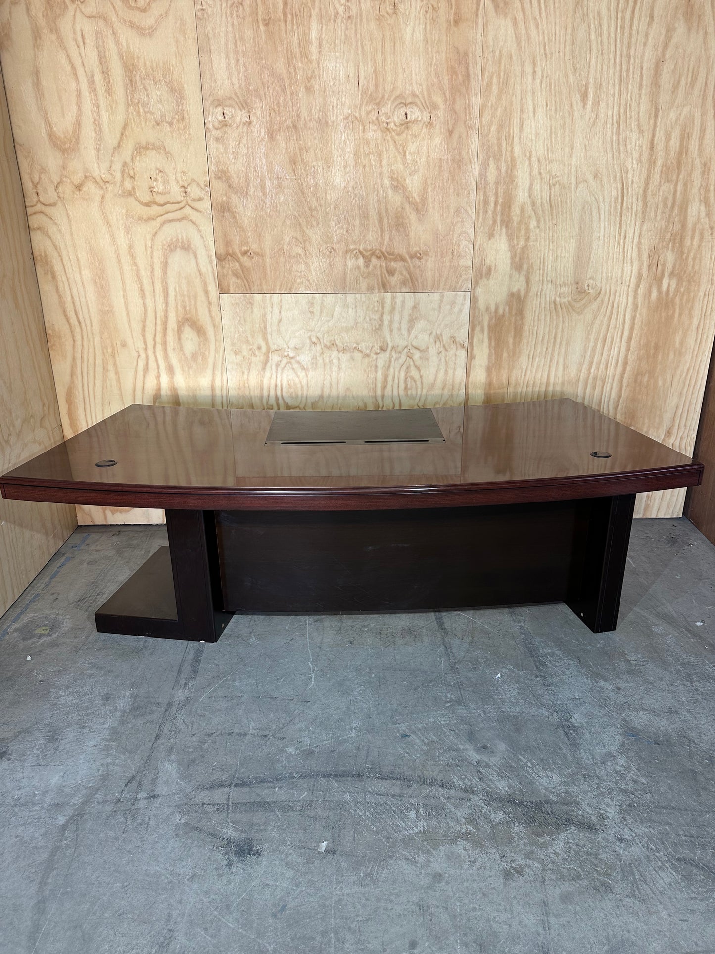 Timber executive desk with cable management and leather inlay