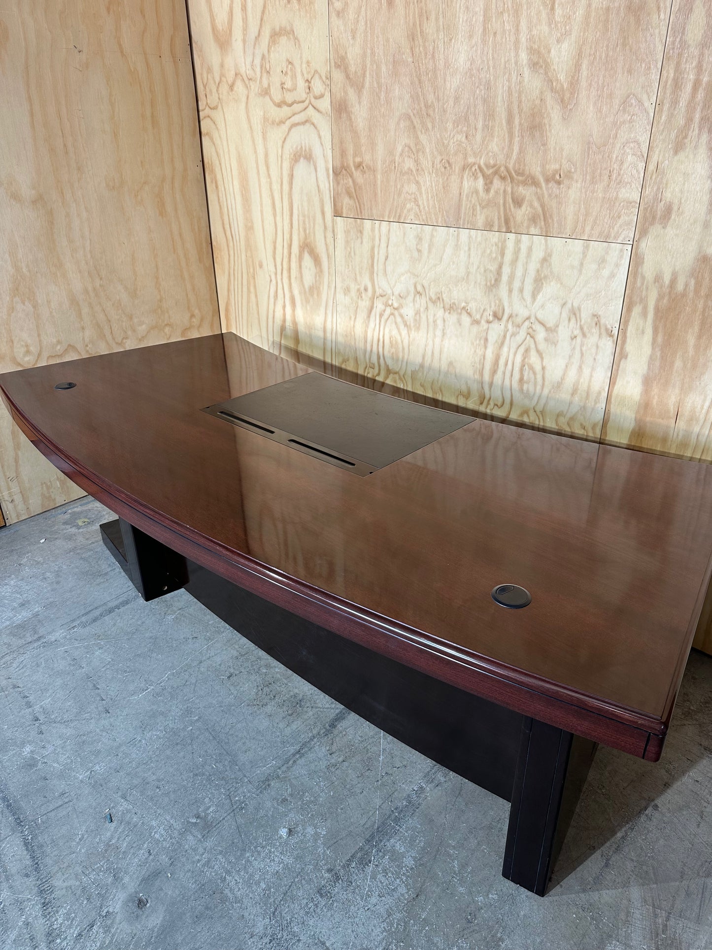 Timber executive desk with cable management and leather inlay