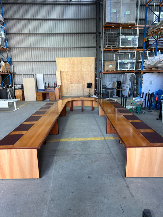 Corporate 18 seat horseshoe boardroom table with leather inlays