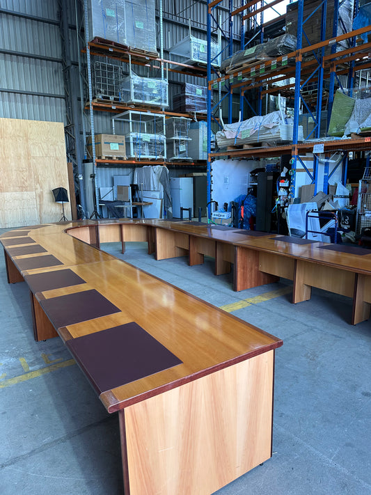Corporate 18 seat horseshoe boardroom table with leather inlays