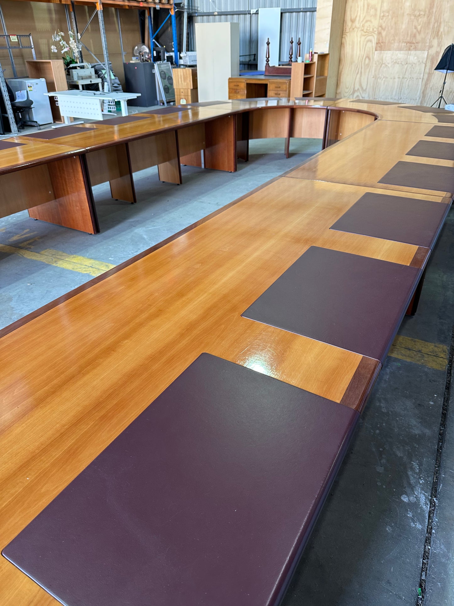 Corporate 18 seat horseshoe boardroom table with leather inlays
