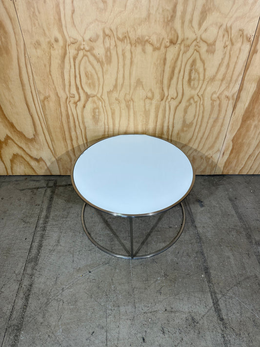 White glass coffee table on circular chrome base