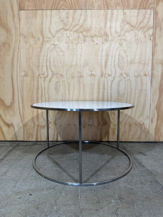 White glass coffee table on circular chrome base