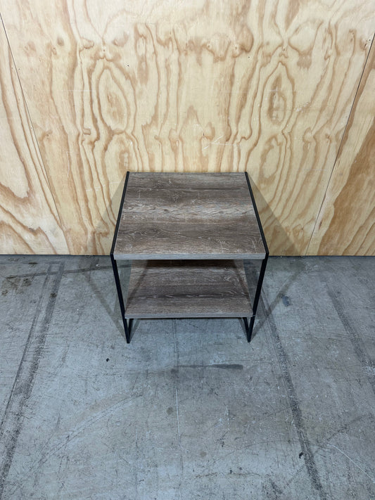 Timber laminate coffee table on black metal frame