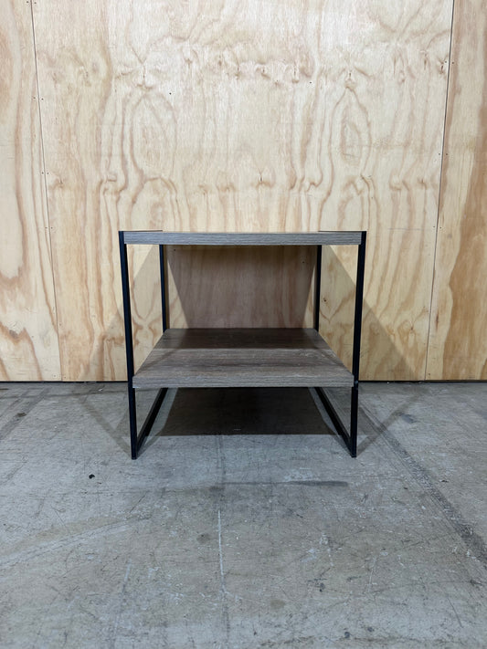 Timber laminate coffee table on black metal frame