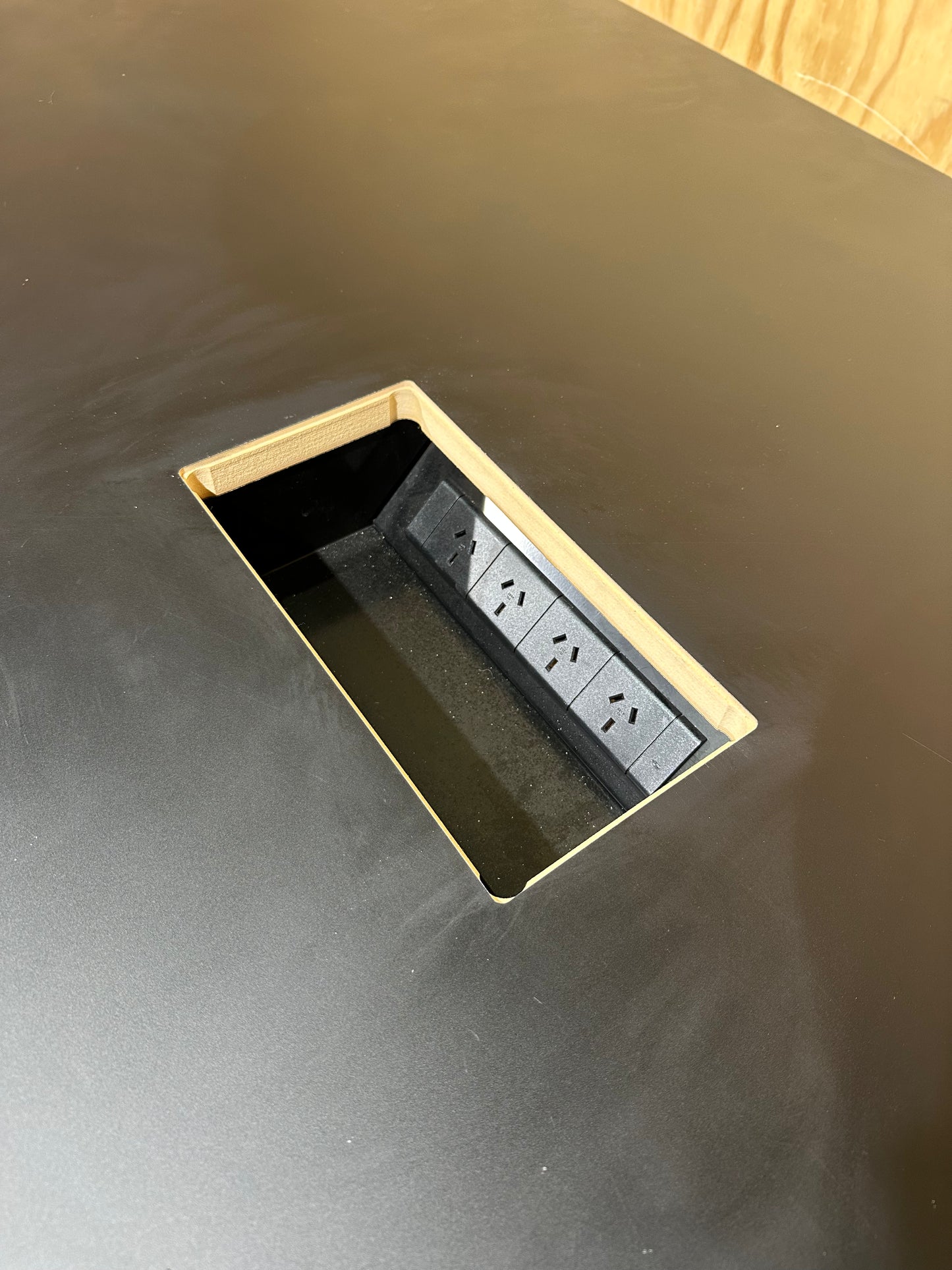 Black Boardroom table with built in powerboard