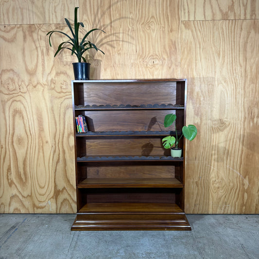 Vintage Timber Bookshelf with Leather Scalloped Trim