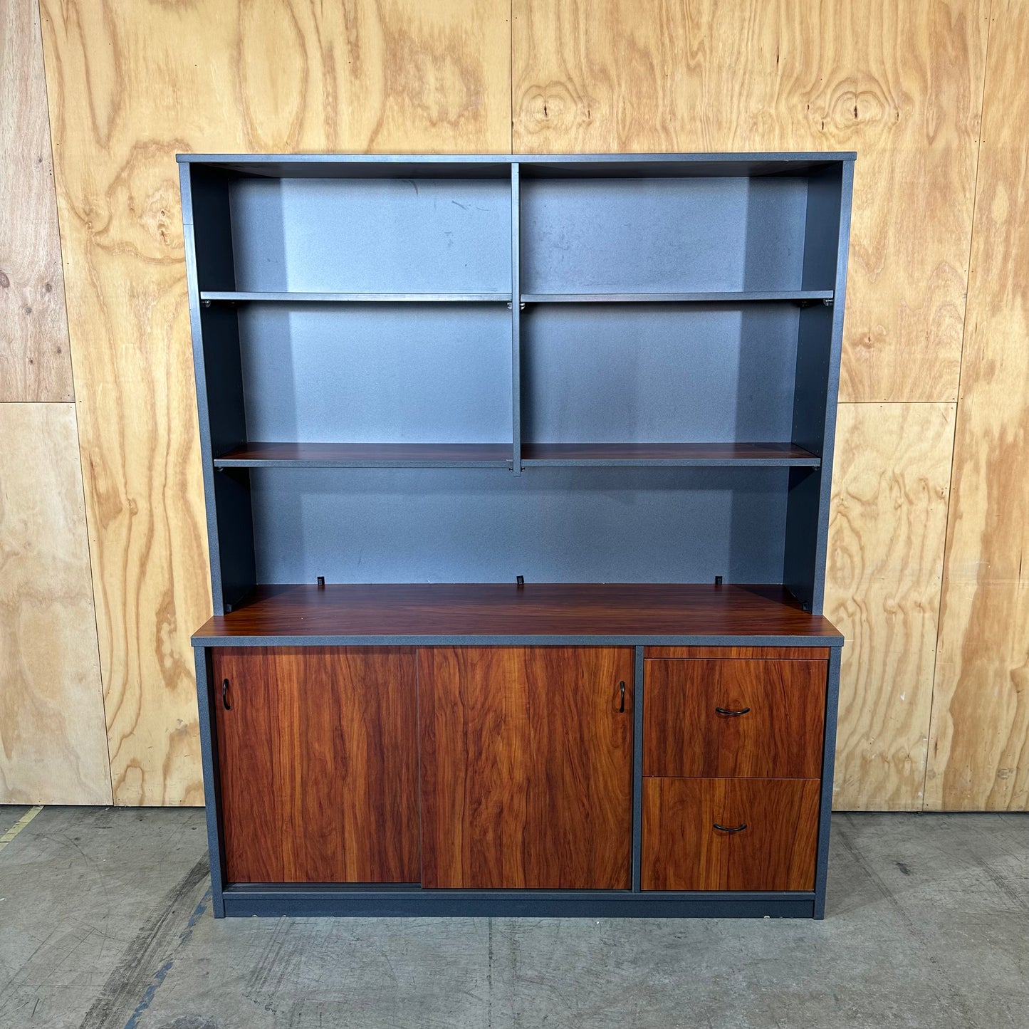 Charcoal and Wood-Grain Executive Credenza with Hutch
