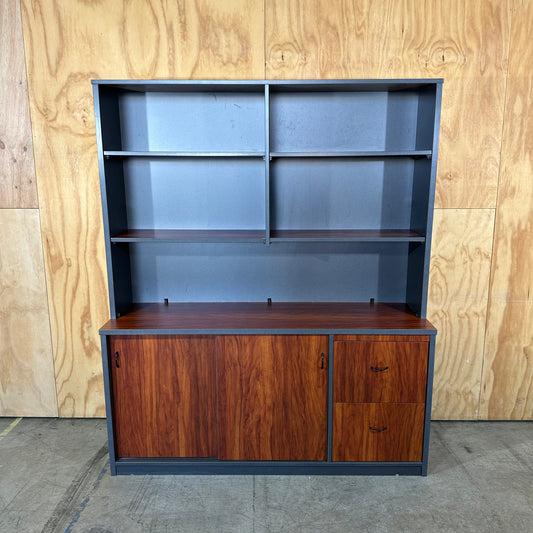 Charcoal and Wood-Grain Executive Credenza with Hutch