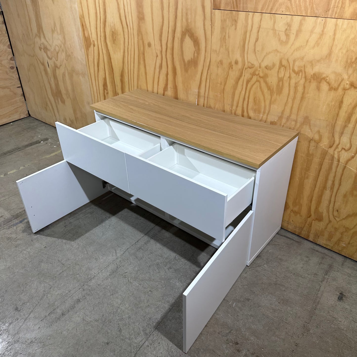 White Buffet Unit with Wood Veneer Top
