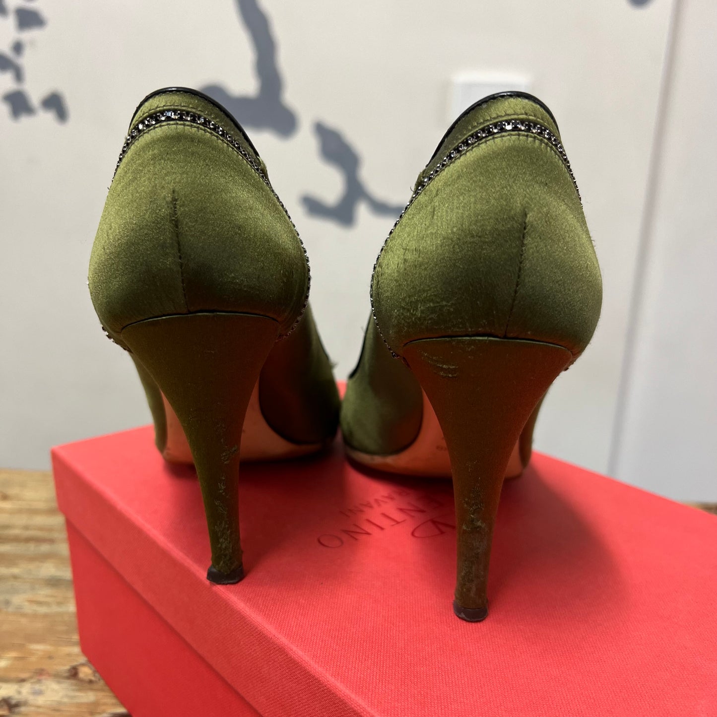 Valentino Garavani green satin jewelled rhinestone floral peep toe heels