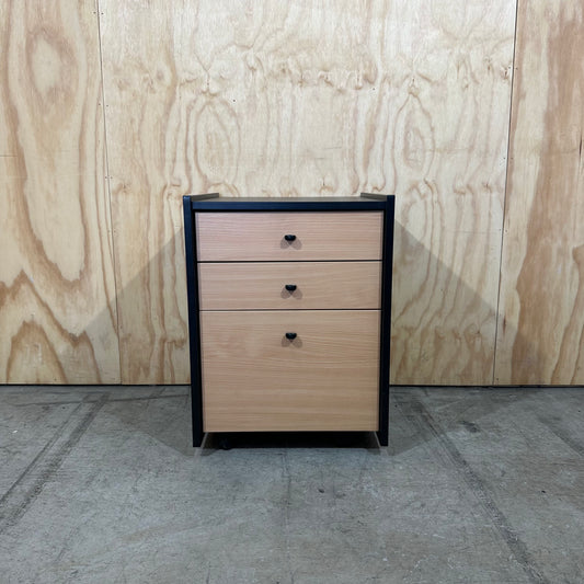 Black and wood veneer pedestal 3 drawers
