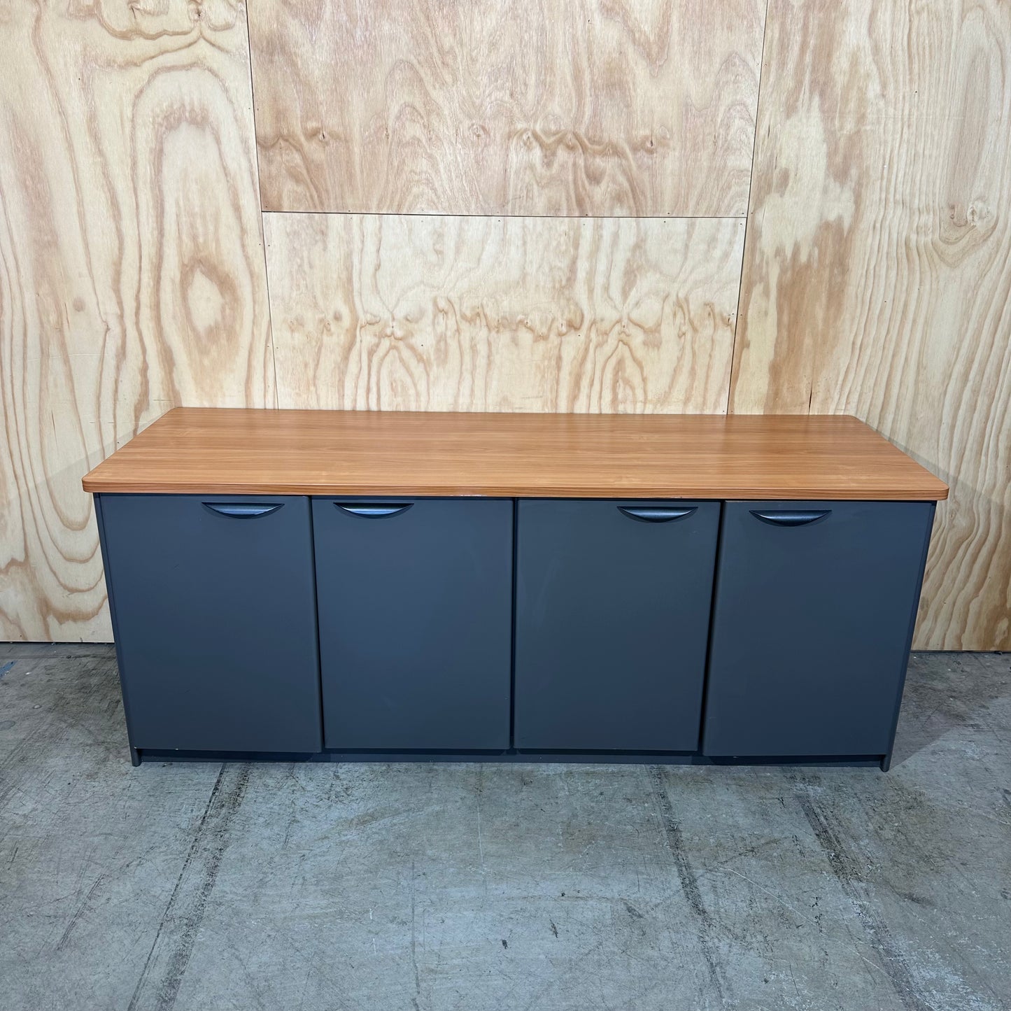 Charcoal sideboard with timber veneer benchtop