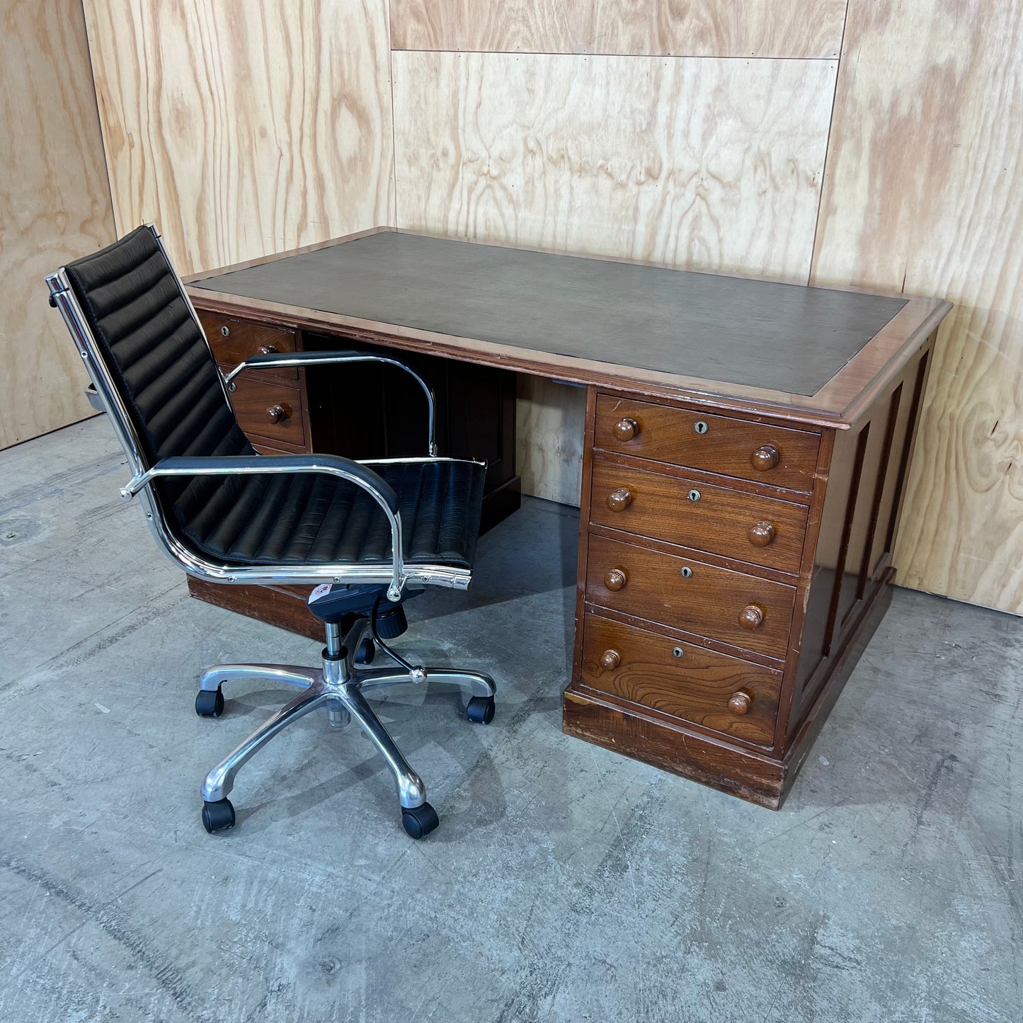 Antique timber executive desk with black leather top