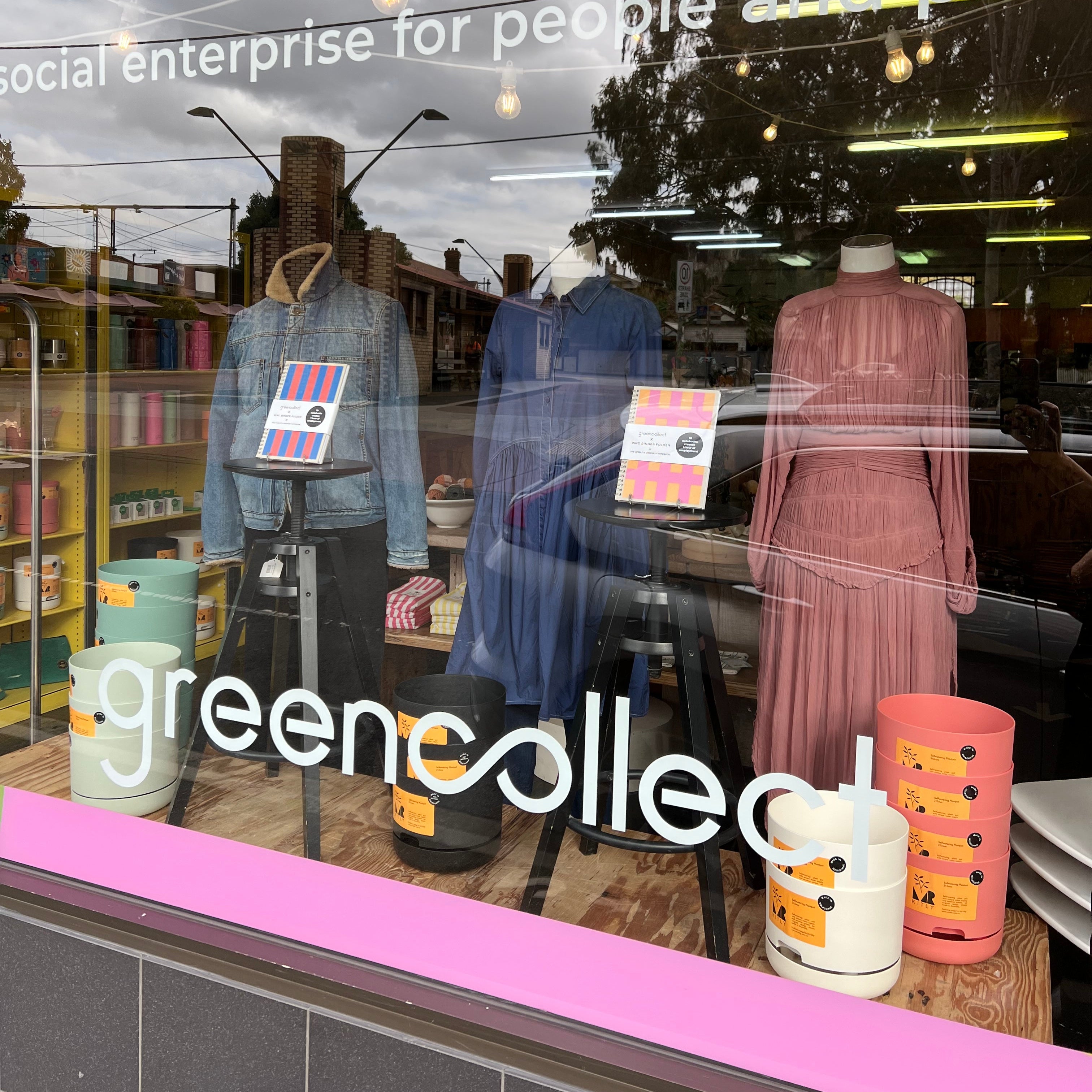 Yarraville shop window with secondhand clothing designer and ethical goods