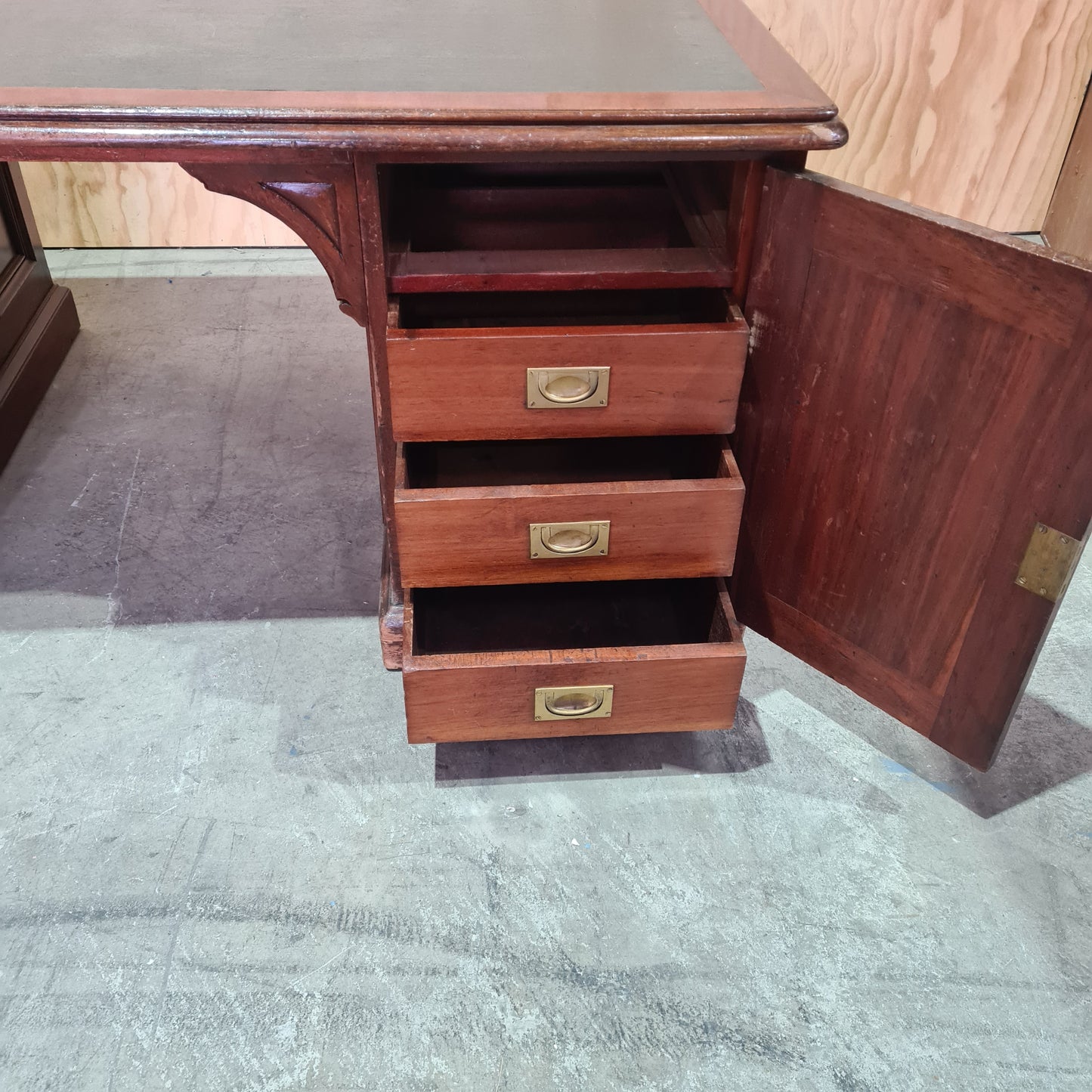 Antique 19th century solid mahogany timber executive desk with genuine leather top