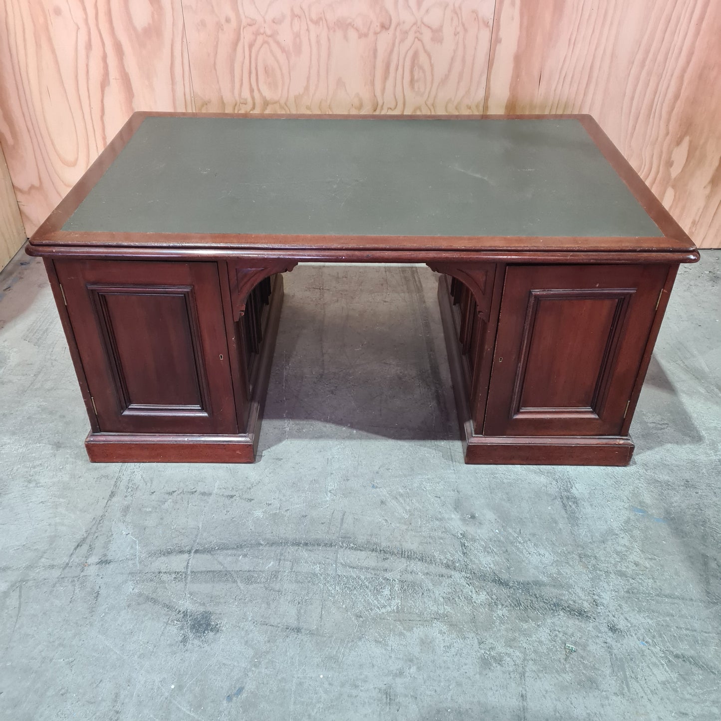 Antique 19th century solid mahogany timber executive desk with genuine leather top