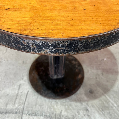 Small Industrial Round Hardwood Table with Metal Trim
