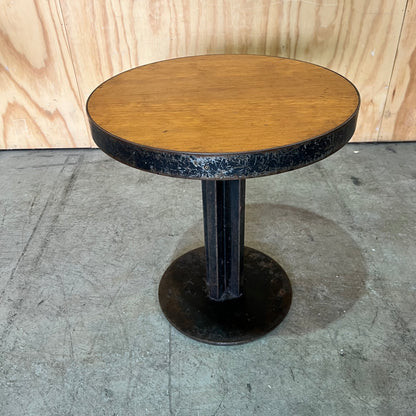 Small Industrial Round Hardwood Table with Metal Trim