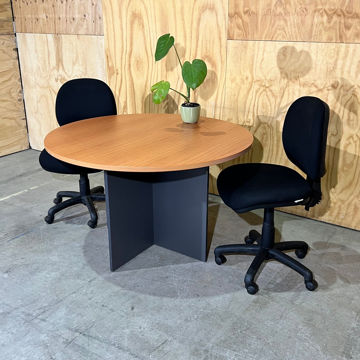 Round Timber Laminate Table with Slate Base