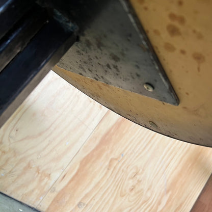 Small Industrial Round Hardwood Table with Metal Trim