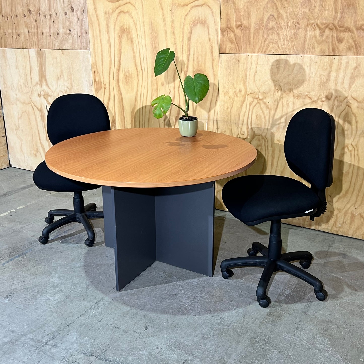 Round Timber Laminate Table with Slate Base
