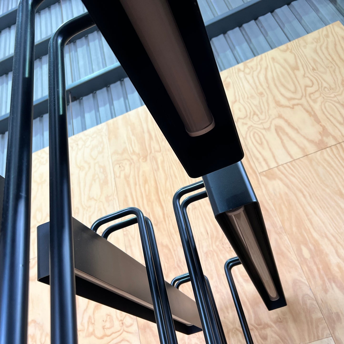 Custom Timber and Steel Boardroom Table with Integrated Overhead Lighting
