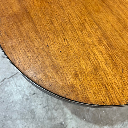 Small Industrial Round Hardwood Table with Metal Trim