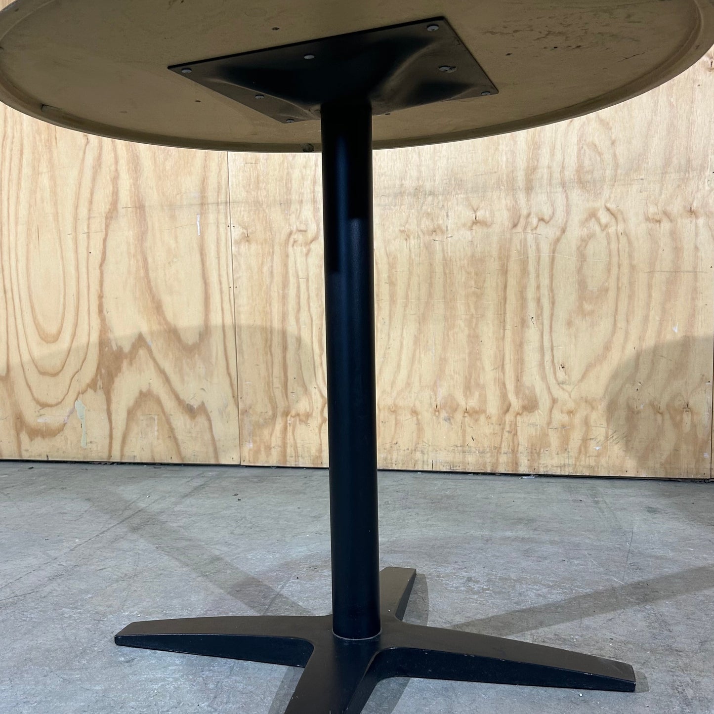 Round Timber Laminate Table with Black Metal Base