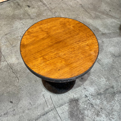 Small Industrial Round Hardwood Table with Metal Trim