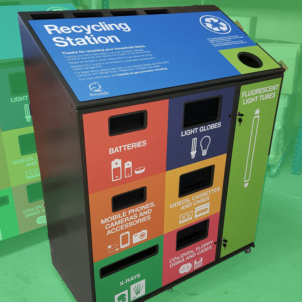 Colorful Green Collect circular recycling station with labeled compartments sections on a green background