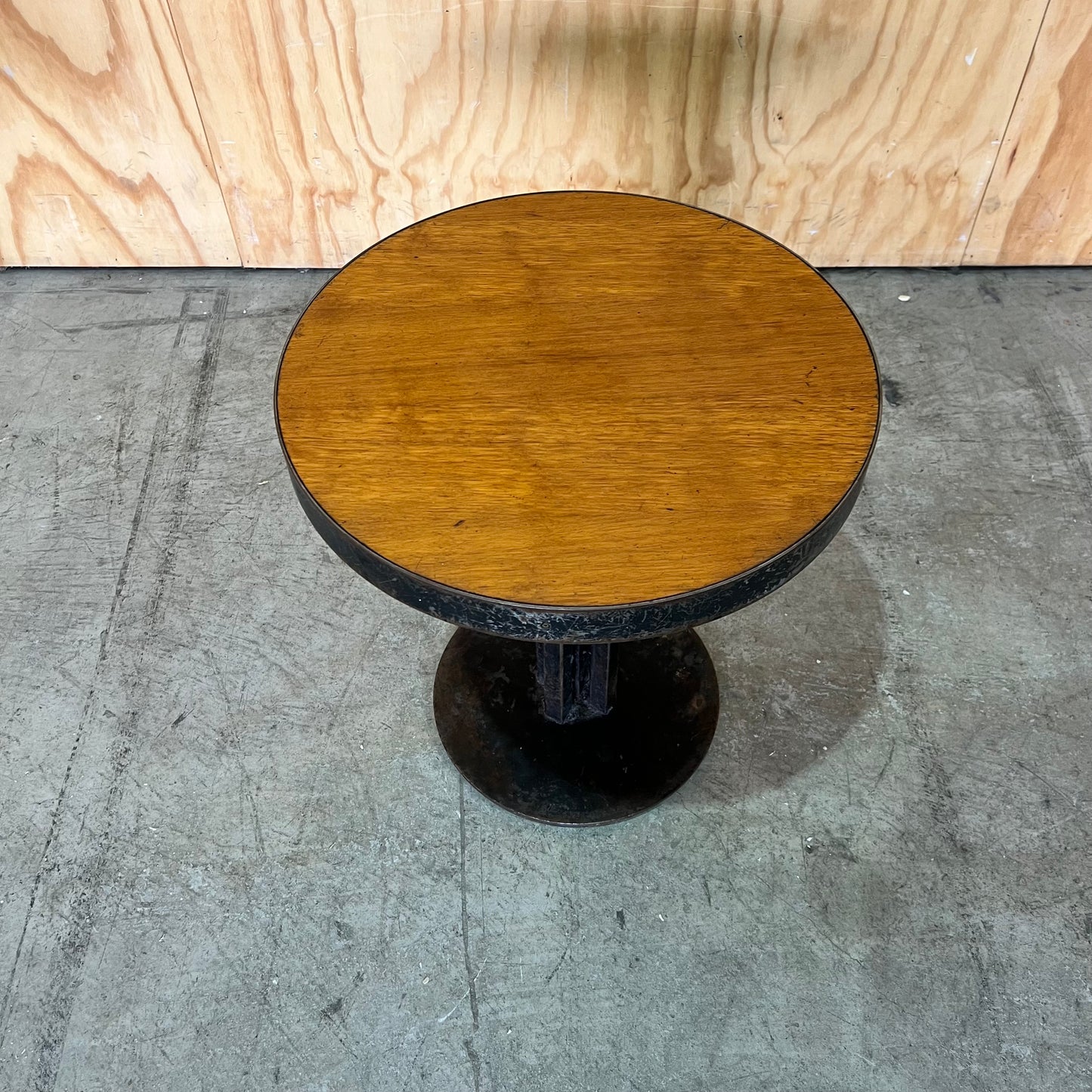 Small Industrial Round Hardwood Table with Metal Trim