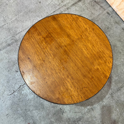 Small Industrial Round Hardwood Table with Metal Trim